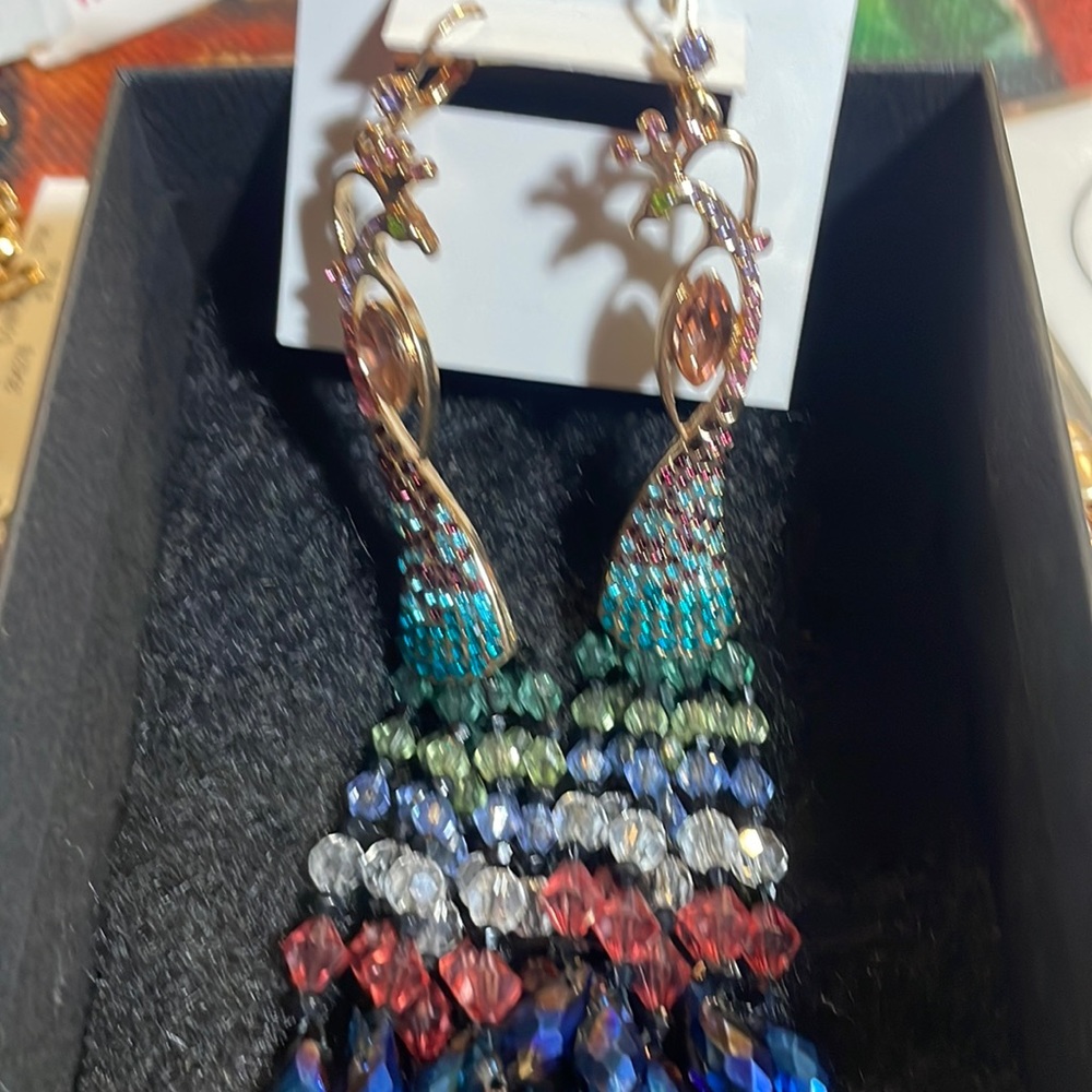 Betsey Johnson Peacock Chandelier Beaded Rhinestones Earrings